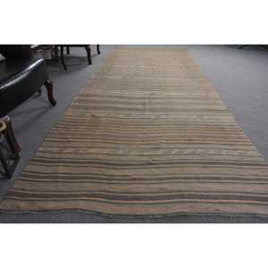 Vintage Kilim Runner Rug 4.8x12 ft (145x365 cm), Turkish <b>Brown</b> Check <b>Wool</b> Rug - Product Image 3