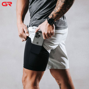 Men's Sporty Style Gym Training Shorts Breathable Four-way Stretchy Mid Waist <strong>Compression</strong> Plain Dyed 2 in 1 Fitness Shorts - Product Image 1