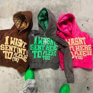 Trendy Unisex Cropped Puff Print Letter Hooded Sweatshirts Quilted Vintage Streetwear Style Custom Logo Oversized for Men <b>Women</b> - Product Image 1