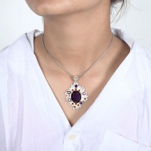 <b>Large</b> Amethyst Garnet Statement <b>Necklace</b> 925 Sterling Silver Bohemian <b>Pendant</b> Designer Jewelry For Women Wife Gift Handmade - Product Image 3