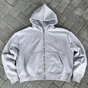 เสื้อฮู้ดซิปแฟชั่นสไตล์วินเทจผ้าฝ้ายทรงบ็อกซี่แบบครอป สตรีทแวร์โอเวอร์ไซส์ ตกแต่งด้วยไข่มุกและเพชร ผลิตตามสั่งจากโรงงาน - Product Image 4