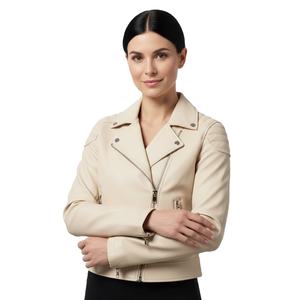 Veste de moto en cuir pour femme, crème protectrice, design personnalisé, vente en gros, cuir véritable, style motard, équipement pour femmes - Product Image 1