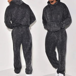 Meilleure vente Acid Wash Strass Imprimer Distressed Zip up Hoodies Baggy Sweatpants Set 460 GSM Respirant Hommes Survêtements - Product Image 1