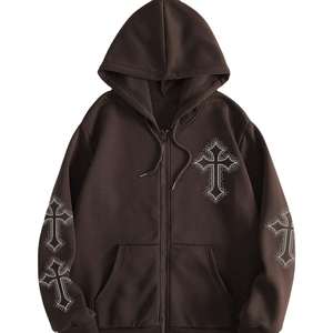 Sudaderas con capucha personalizadas de alta calidad gráfico de gran tamaño de algodón con diamantes de imitación desgastados con cremallera recortada Sudadera con capucha hombres fabricantes OEM 2025 - Product Image 1