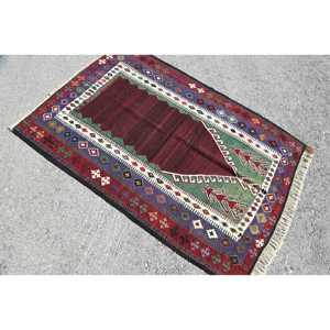 Turkish Rug, Accent 4x5.4 ft Vintage Rug, <b>Red</b> Bordered <b>Wool</b> Rug - Product Image 4