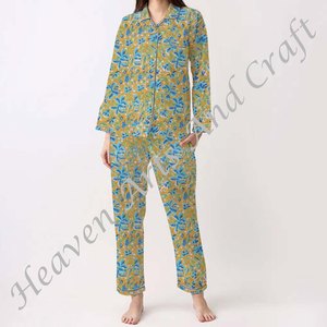 Pijama indio de algodón puro 100% para mujer, conjunto de algodón para Primavera/Verano Floral/personaje/letra/patrón/vacaciones/patrón de árbol de coco - Product Image 4