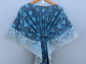 Caftan imprimé floral Lotus bleu pour femmes fait à la main Boho Hippie bloc imprimé 100% coton taille naturelle confort longueur au sol - Product Image 2