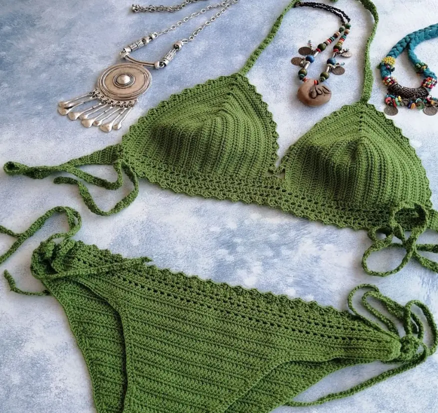 新しいスタイルのカラフルなグリーンビキニサンプルバジルグリーンビキニセットかぎ針編みビーチウェアかぎ針編み水着水着