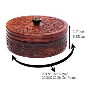 Boîte Chapati en bois Casserole Roti Boîtes Boîte de service Roti en bois avec couvercle en bois Forme ronde avec design imploré - Product Image 6