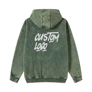 Sudadera con capucha con cremallera lavada con ácido Logotipo personalizado Cremallera de gran tamaño Fleece con parche desgastado Apliques Bordado Sudadera con capucha para hombres - Product Image 2