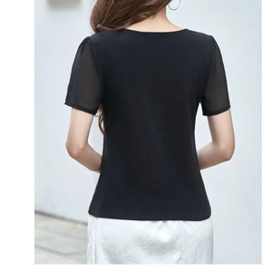 Vêtements pour femmes col rond été pull couleur unie plantes et fleurs brodé nœud T-shirt Style chinois tout match hauts - Product Image 4