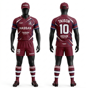 Maillot et short de rugby pour hommes en tissu interlock polyester, design à panneaux bordeaux, marine et blanc, sublimation, logo d'équipe personnalisé - Product Image 6