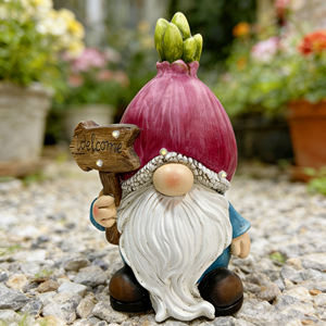 Lampes solaires <span class=keywords><strong>de</strong></span> jardin en forme <span class=keywords><strong>de</strong></span> statue, statue <span class=keywords><strong>de</strong></span> gnome <span class=keywords><strong>de</strong></span> jardin créative en résine solaire avec chapeau <span class=keywords><strong>de</strong></span> légume et panneau <span class=keywords><strong>de</strong></span> bienvenue décoratif - Product Image 1