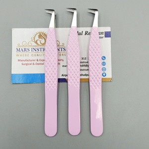 Pink <b>Powder</b> Coated Stainless Steel <b>Volume</b> Tweezers with Curved Silver Tips Boot Style for Eyelash Extensions - Product Image 3