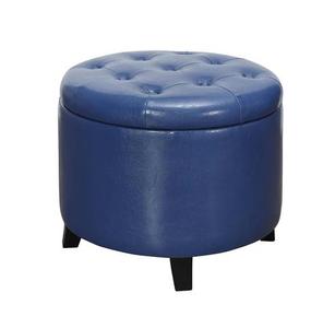 Repose-pieds ottoman rond moderne de petite taille en similicuir bleu avec assise rembourrée en mousse et pieds en métal noir brillant - Product Image 1
