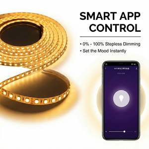 Bande lumineuse <span class=keywords><strong>LED</strong></span> intelligente SMD 2835 <span class=keywords><strong>12V</strong></span> CC, haute densité, application WiFi et télécommande pour gradation, <span class=keywords><strong>ruban</strong></span> flexible blanc chaud 3000K - Product Image 4