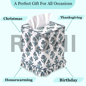 Ridhi Aquamarine Blue Ruffle Block Print Tissue Box Cover Handmade Cotton Fabric Decorative Square Napkin Holder Home Bedroom - Product Image 3