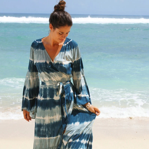 Hermoso escote en V mangas completas largo Tie Dye estampado Floral patrón hasta el suelo Maxi Natural para mujeres para vacaciones - Product Image 1