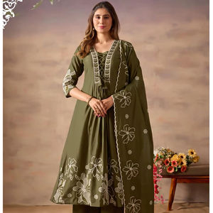 Dhwaja Export Eco-Friendly Pure Cotton <b>Top</b> & Bottom Set with Embroidery Work Full Inner Mall Cotton Dupatta for All Seasons - Product Image 1