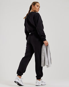 Sudadera con capucha de gimnasio de lana ecológica con logotipo personalizado de invierno para mujer, cuello redondo recortado negro, hombros caídos, puños acanalados, a prueba de viento, cómoda - Product Image 5