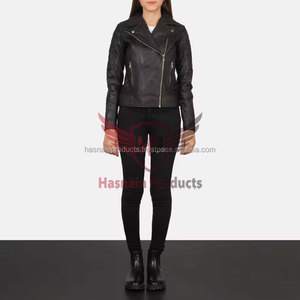 Chaqueta de cuero genuino negro para mujer, estilo motero, con cremallera asimétrica, cuello de solapa, mangas acolchadas, piel de oveja, bolsillos con cremallera, corte ajustado. - Product Image 3