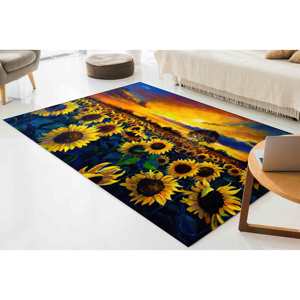 Tapis en laine imprimé patchwork motif champ de tournesols, style traditionnel, écologique, avec envers en latex, poils doux pour la décoration intérieure - Product Image 4
