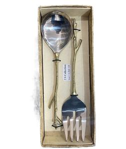 <b>Vintage</b> Style Stainless Steel Salad Server Set With Brass Twig Branch Handle Personalized for Hotel Kitchenware Cutlery Set - Product Image 1
