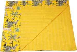 Colcha Kantha con estampado de jungla amarilla, juego de cama Vintage bohemio indio, manta acolchada Hippie Bohemia hecha a mano, colcha de algodón en oferta - Product Image 3