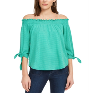 Top da Donna Maison Jules con Stampa Floreale e Spalle Scoperte, in Lino e Chiffon Ricamato, Colletto Arricciato, Verde, Taglia XS, Lungo, per Ufficio - Product Image 1