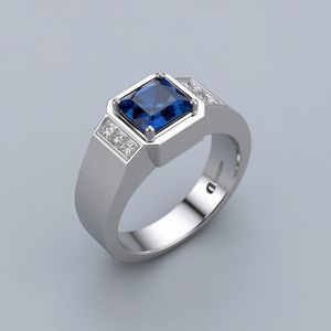 Anillo de compromiso para hombre de zafiro azul de oro blanco de 10K con diamantes laterales, joyería fina OEM de lujo moderna - Product Image 6
