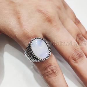 Vente en gros de bagues pour hommes, pierres de lune arc-en-ciel, feu bleu naturel, pierres précieuses, bijoux arabes orientaux, bagues en argent sterling 925 - Product Image 5