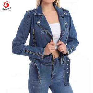Vestes classiques décontractées en denim à col unique pour femmes Veste en jean bleue délavée pour femmes - Product Image 3