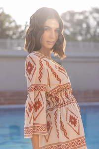 Mini vestido bohemio de algodón con estampado Tribal para mujer, cuello en V, cintura fruncida, borla, corbata, vacaciones de verano, ropa de playa - Product Image 2