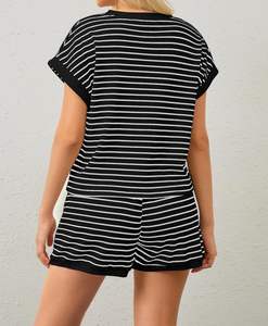 Ensemble de salon 2 pièces d'été pour femmes T-shirts à manches courtes à rayures Mini Shorts Loungewear Shorts Set Ribbed Pajama Set - Product Image 4