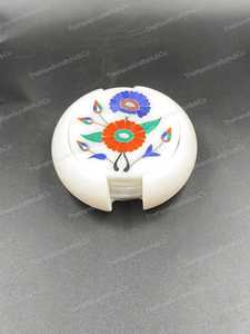 Ensemble de sous-verres en marbre blanc artisanal avec incrustations florales, sous-verres en pierre colorée avec support - Product Image 3