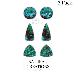 925 Sterling <b>Silver</b> <b>Stud</b> Earrings Chrysocolla Bullet Trillion Bezel Setting Trendy Handmade Fashion Jewelry Party Gift Pack 3 - Product Image 3