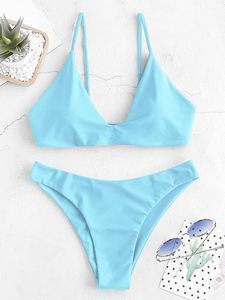 Women's Solid <b>Light</b> Blue <b>Push</b> up Halter Bikini Set Spandex Polyester Stretch Breathable Swimwear Shorts Bottoms - Product Image 3