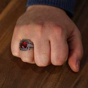 925 Sterling Silver Four-Sided Faceted Men's <b>Ring</b> with Red Garnet and <b>Turquoise</b> Rhodium Plated Fine Jewelry for Everyday Wear - Product Image 1