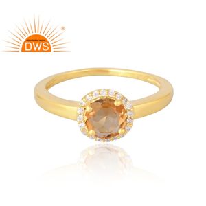 Anillo de Plata de Ley 925 chapado en oro de 18 quilates, citrino natural y piedras preciosas de circonita cúbica, fabricante de joyería fina - Product Image 3