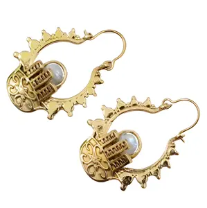热卖Hamsa金耳环实心黄铜手月亮石宝石手法蒂玛波西米亚耳环保护护身符耳环