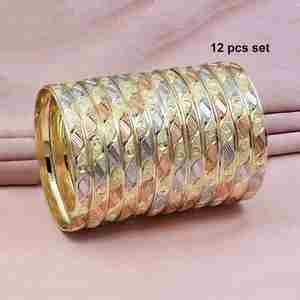 Wholesale Women's 3 Tone Gold Plated Brass Bangles 12 Piece Set <b>Party</b> Occasion Multi-Tone Gold <b>Filled</b> - Product Image 1