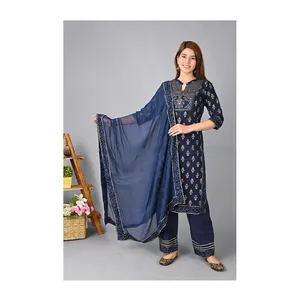 Royal Blue with Gold Touch Hand Work Kurti Pant Vestidos casuales Kurti Pant y Dupatta Pencil Print Autumn High Simple