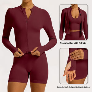 Conjuntos de ropa de entrenamiento de patrón sólido de etiqueta privada para mujer, pantalones cortos de gimnasio de alta elasticidad y camiseta de manga larga para Fitness, conjunto deportivo de Yoga - Product Image 3