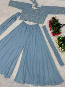 Ensemble de fête 3 pièces Hgh Quality Fashion-Forward Designer avec ceinture et broderie de paillettes sur fausse georgette de qualité supérieure - Product Image 4