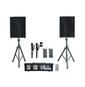 Système de sonorisation professionnel 8 canaux avec table de mixage amplifiée, deux enceintes passives de 10 pouces, pieds de haut-parleurs – Fournitures pour magasins de musique - Product Image 1