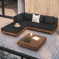 Ensemble de canapé d'angle moderne pour l'extérieur, structure en teck massif, table basse carrée, coussins imperméables pour la détente sur la terrasse d'hôtel