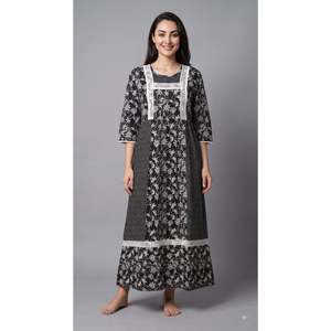 Evolove X Farasha Women's Embossed Floral Butterfly Cotton Quick Dry <b>Maxi</b> Flared Long Nightgown with 3/4 Sleeves Size XS - Product Image 6