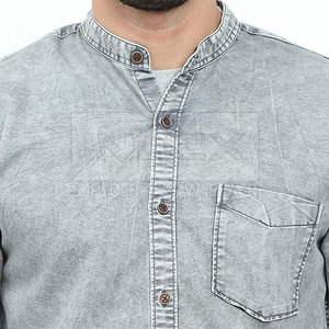 Chemise en jean pour homme, col mandarin, manches longues, couleur unie, coupe ajustée, respirante, délavée, style décontracté - Product Image 6