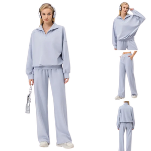 Conjunto de chándales de ocio de talla grande al por mayor, 2 uds., 1/4, jersey de hombro caído con cremallera, pantalones de chándal holgados con dobladillo ajustable, Jersey Suelto - Product Image 1