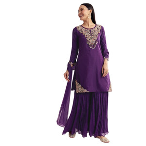 Wholesale <b>Purple</b> Organza Embroidered Kurta Set with Dupatta <b>for</b> Wedding Party Wear Festive Reception and Custom Ethnic Orders - Product Image 2